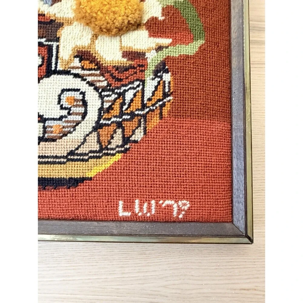 VTG Completed Needlepoint Crewel Large Stitchery Indian Heritage Bouquet 70s Art